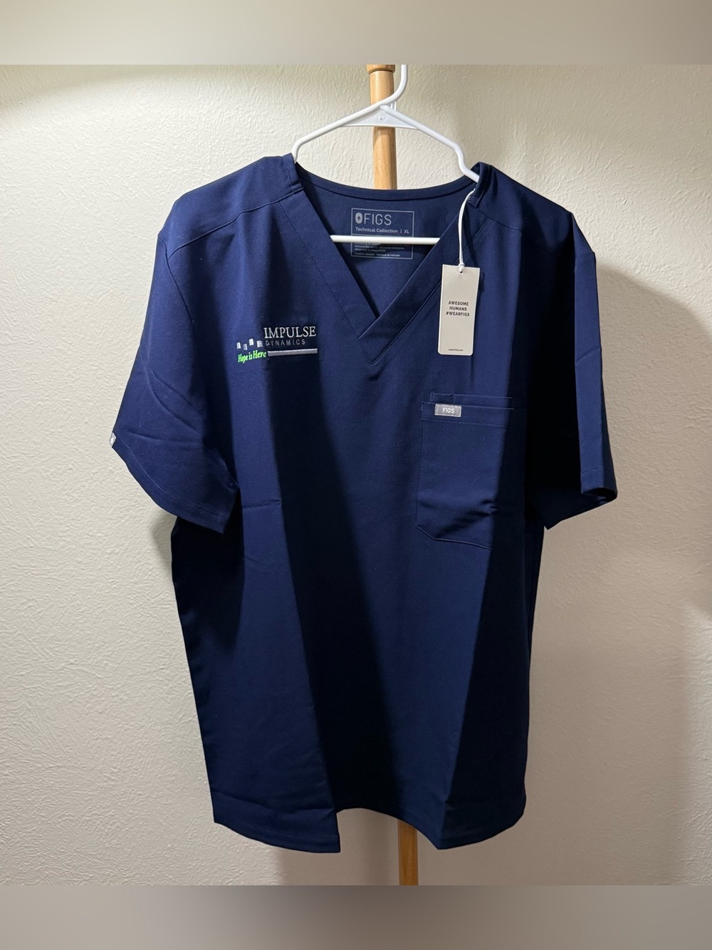 FIGS Catarina One Pocket Navy Blue Scrub Shirt Impulse Dynamics Logo Size XL NWT